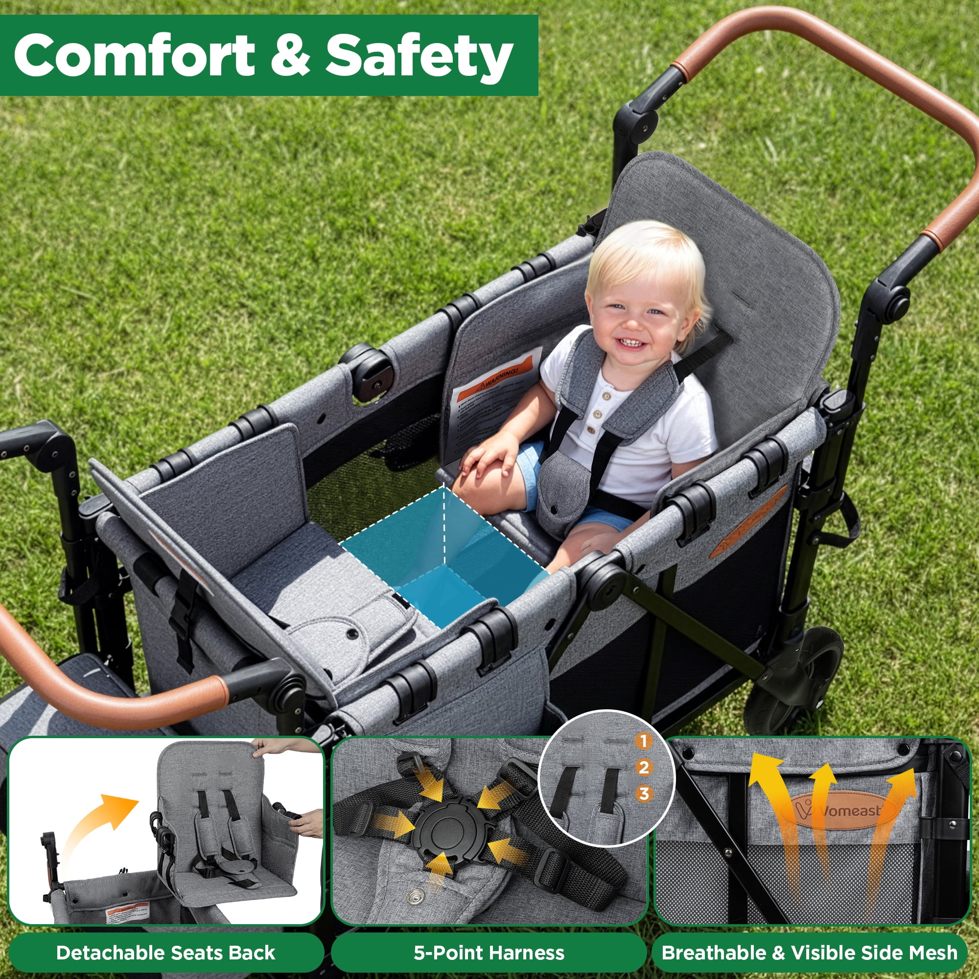 Vomeast Upgrade Wagon Stroller for 2 Kids, 2-Seater Outdoor Baby Stroller Wagon with Canopy, 5-Point Harness, Adjustable Handle(Grey)