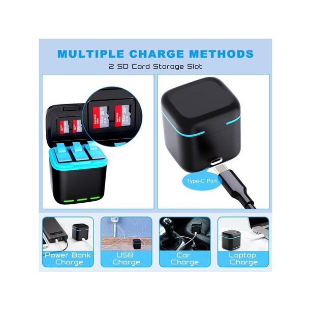 For Gopro Hero 12/11/10/9 Battery 2-Pack 1750mAh and USB Storage 3