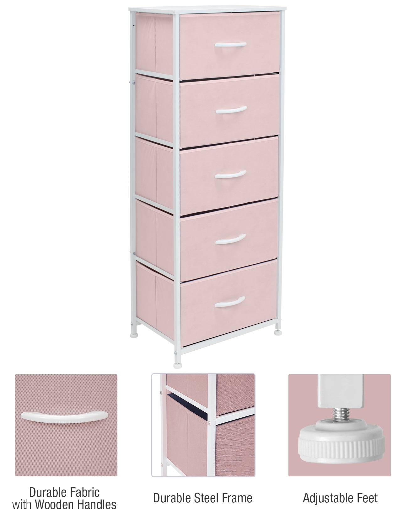 Sorbus Wood Handle 5 Drawers Closet Drawer Organizers, Pink