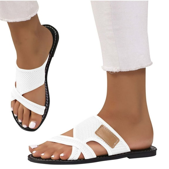 Xfvqtps Slides for Women Flat Mesh Cross Straps Open Toe Hollow out Breathable Beach Summer Slide Sandals White