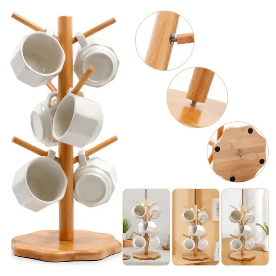 Bamboo Countertop Mug Tree Stand, 6 Hooks Octagon Base Coffee Cup Holder for Home Kitchen Organization