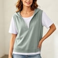 thumbnail image 6 of Feancey Womens Short Sleeve Hoodie Sweatshirts 2 In 1 V Neck Side Split Pullover Tops Color Block Casual Lightweight Hooded Sweatshirt for Office Daily Wear Green L, 6 of 8