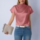 thumbnail image 4 of Camisetas de Manga Corta de Cuello Alto para Mujeres Moda Casual Primavera Cuello Redondo Medio Cuello Alto Hombro Izquierdo Plisado Superior, 4 of 6
