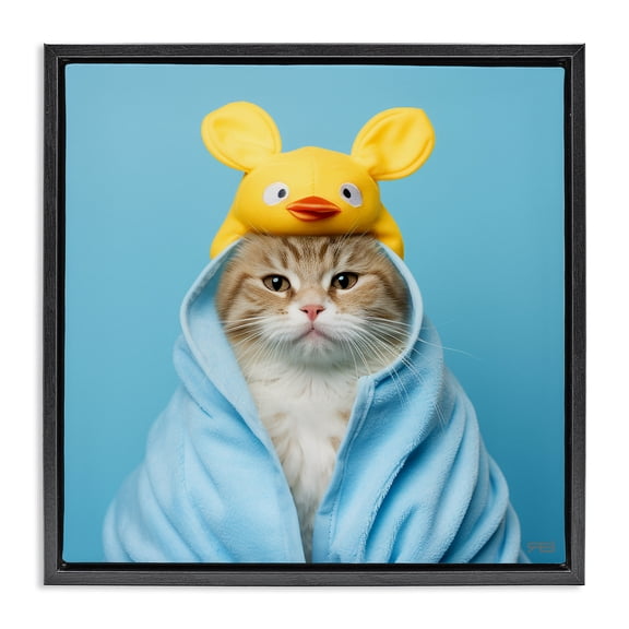 Stupell Industries Contemporary Cat in Cozy Bathrobe Black Floating Frame Canvas Art, 18 x 18, by RB