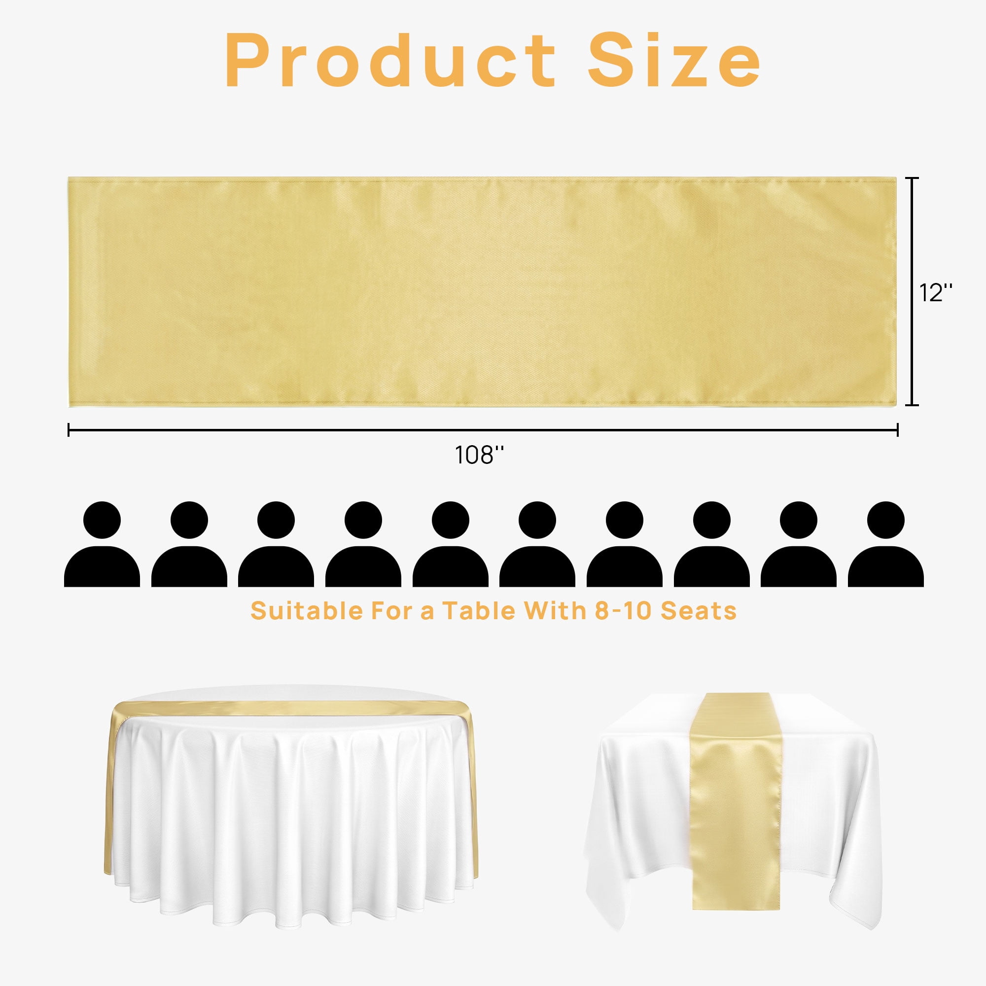TickJOY 12 Pcs Satin Table Runner 12x108 Inches Long, Satin Silk-Like Smooth Table Decorations for Birthday Parties, Buffet, Banquets, Graduations, Engagements (Champagne, 12'' x 108'')