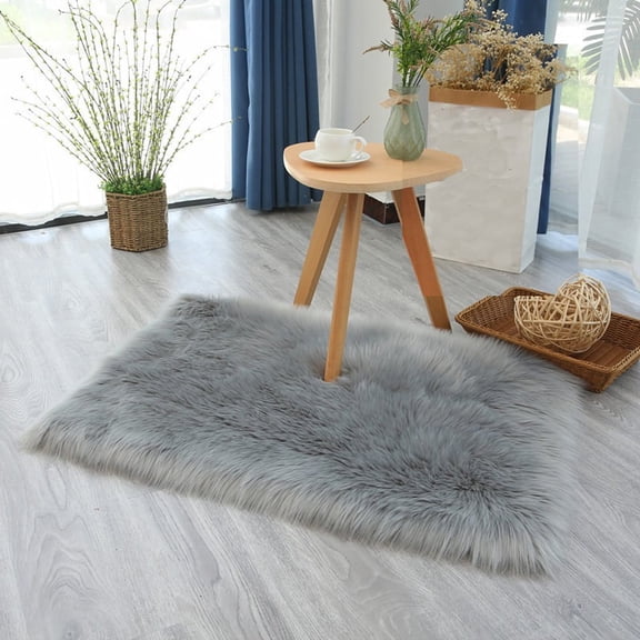 Soft Fluffy Rug 16" x 24" Faux Sheepskin Non-Slip Backing Rugs for Bedroom Living Room Shaggy Gray Chair Sofa Cushion