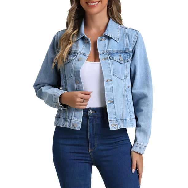 Chaqueta de mezclilla INSPIRE CHIC para mujer, casual, con cuello, de manga larga, abotonada S azul claro