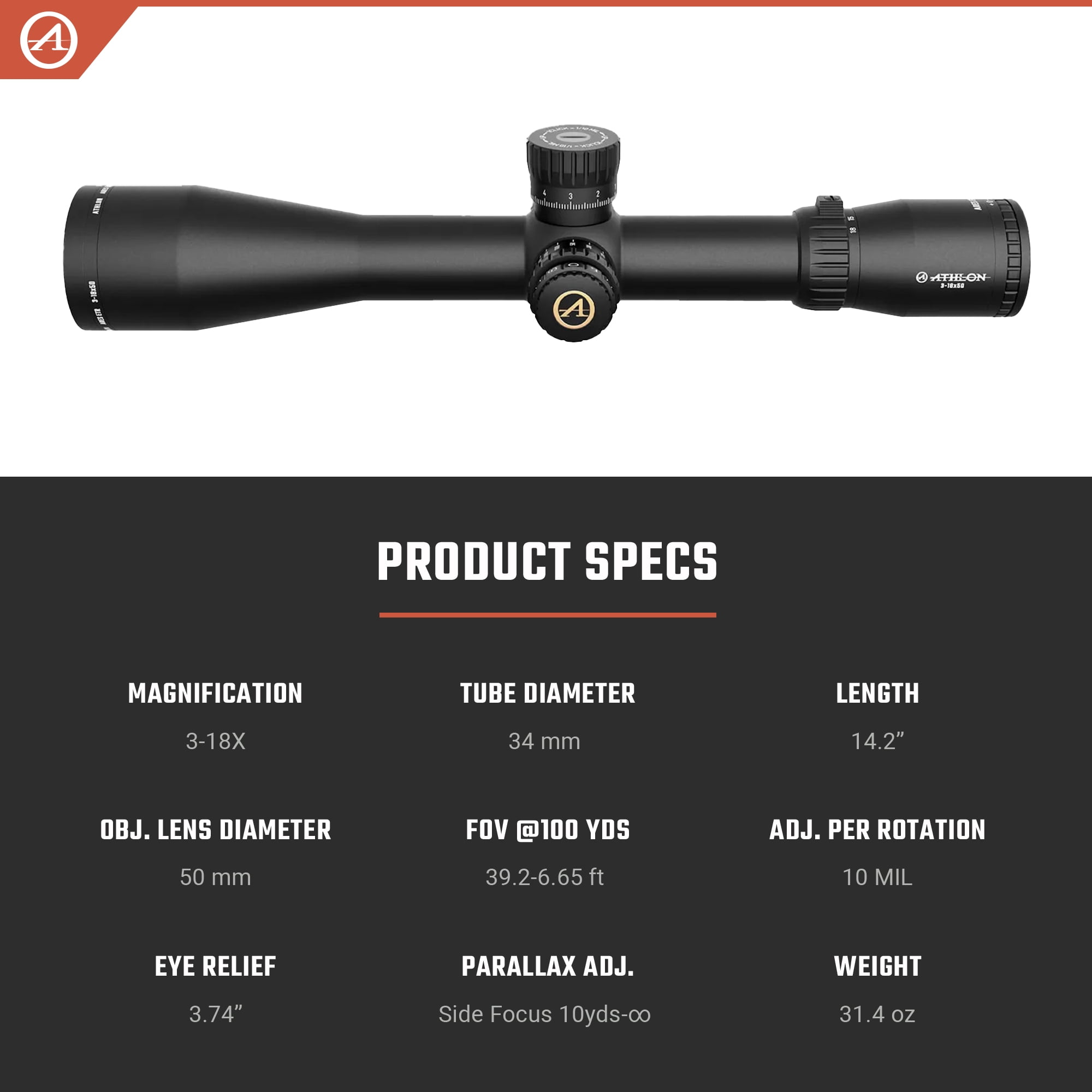 Athlon Optics Ares ETR Riflescope 3-18x 50mm Illuminated APRS6 MIL Reticle Matte Black