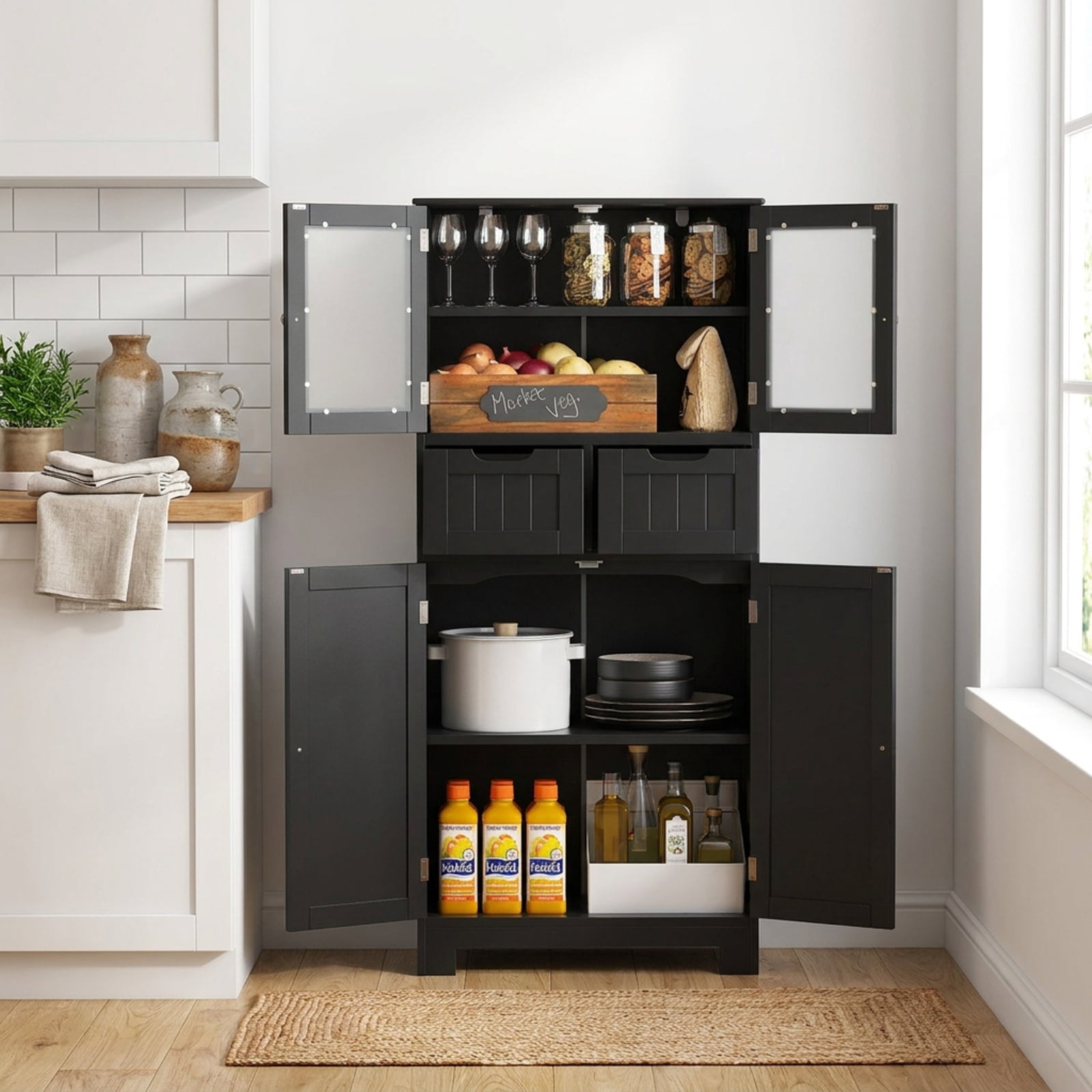 Vebreda Freestanding Bathroom Storage Cabinet, 4 Door Freestanding Bathroom Floor Storage Cabinet with 2 Drawers and Glass Doors