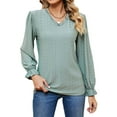 thumbnail image 4 of Hibeli Women Lace Trim V Neck Puff Long Sleeve Eyelet Solid Color Tops, 4 of 7
