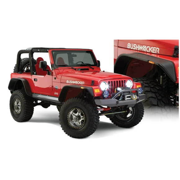 Convient pour Jeep Wrangler TJ Bushwacker Flare 10920-07 Plat; Couverture de Pneu 6 Pouces; Noir Mat; Dura-Flex 2000 TPO Plastique Texturé; Hauteur de Flare 3-1/2 Pouces; Ensemble de 4