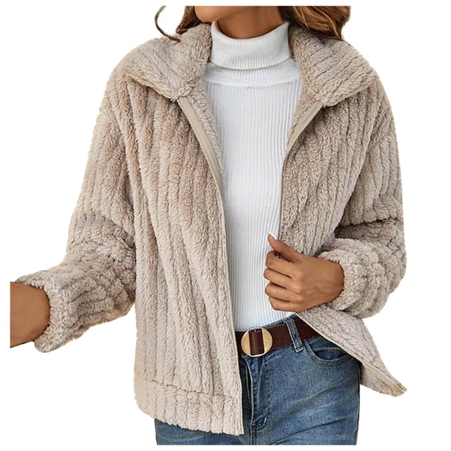 CEHVOM Women's Spring And Winter New Striped Plush Cardigan Short Coat Clearance