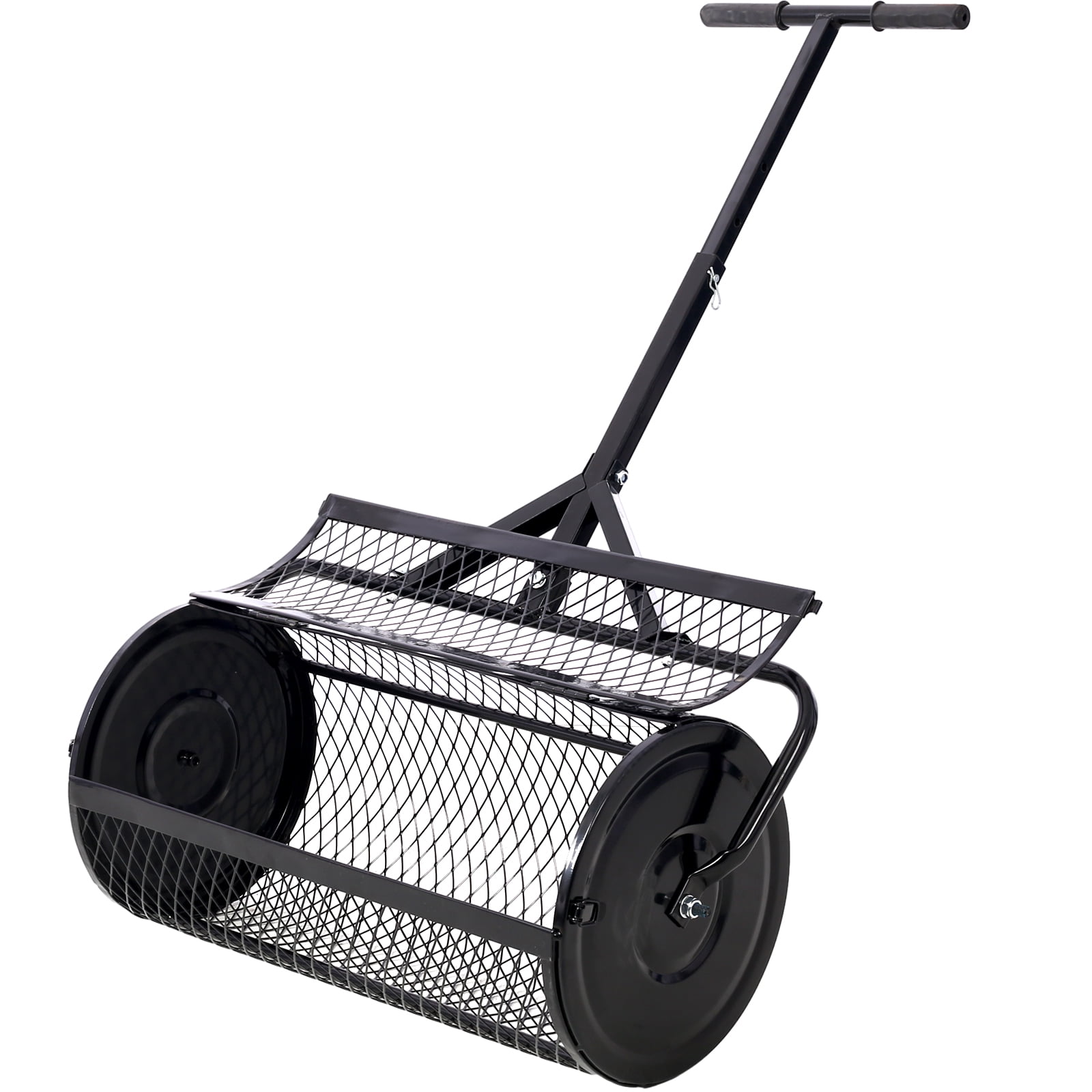 Peat Moss Spreader 24inch, Compost Spreader Metal Mesh,T Shaped Handle for Planting Seeding, Lawn and Garden Care Manure Spreaders Roller, Black