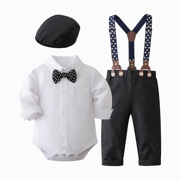 Aayomet Baby Boy Clothes Wedding Outfit Infant Tuxedo Gentleman Suits Dress Shirt Beret Hat Suspender Pants Bowtie