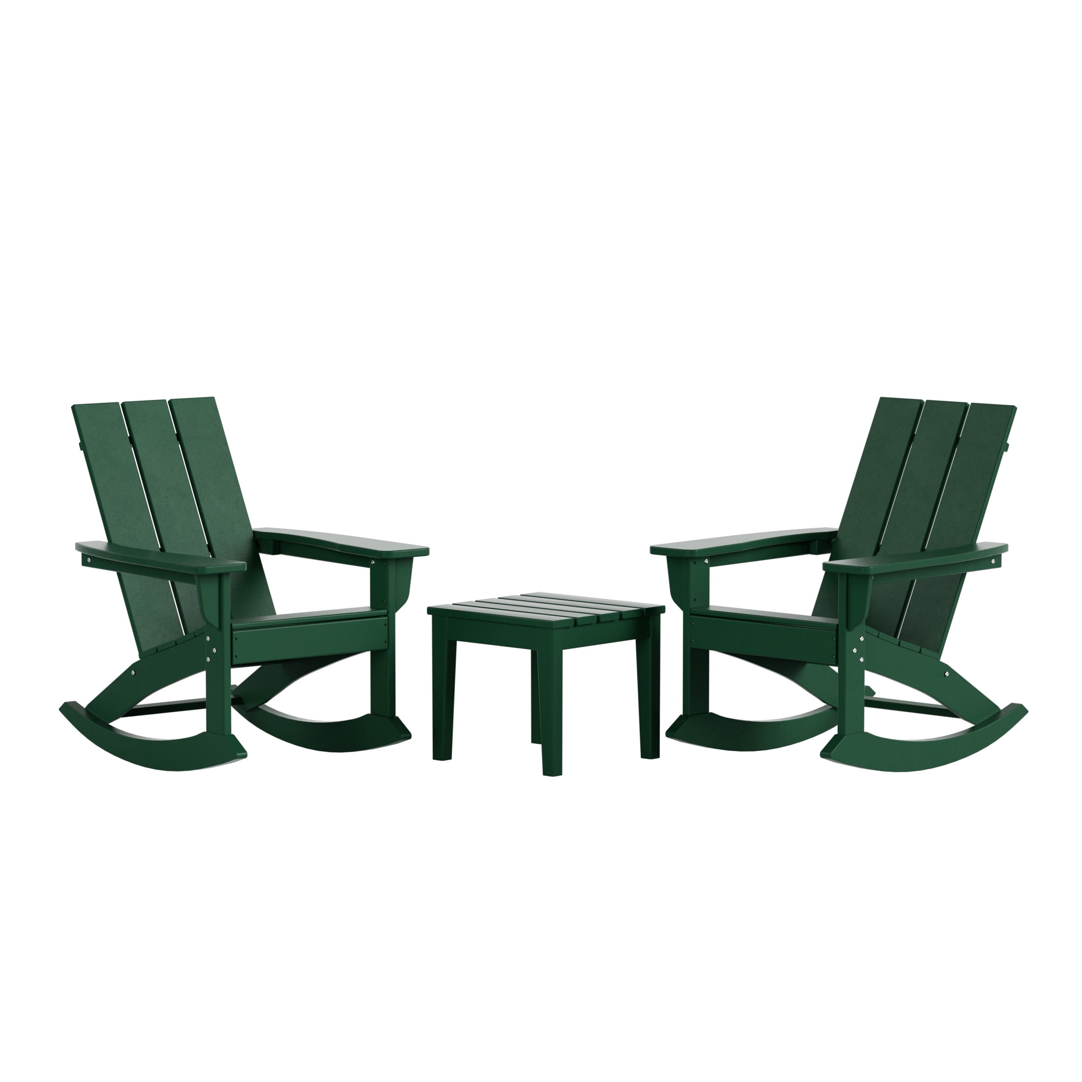 WestinTrends Ashore 3 Piece Patio Rocking Chair Set, All Weather Poly Lumber Adirondack Rocker Bistro Set Porch Patio Chairs Set of 2 with Large Side Table, Dark Green