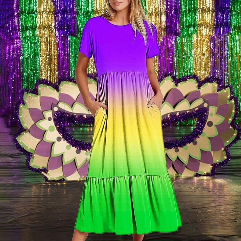 Aoujea Summer Fashion Beach Dress for Womenm Plus Size Mardi Gras Printed Carnival Short Sleeve Crewneck Dress Casual Flowy Tiered Maxi Beach Dress