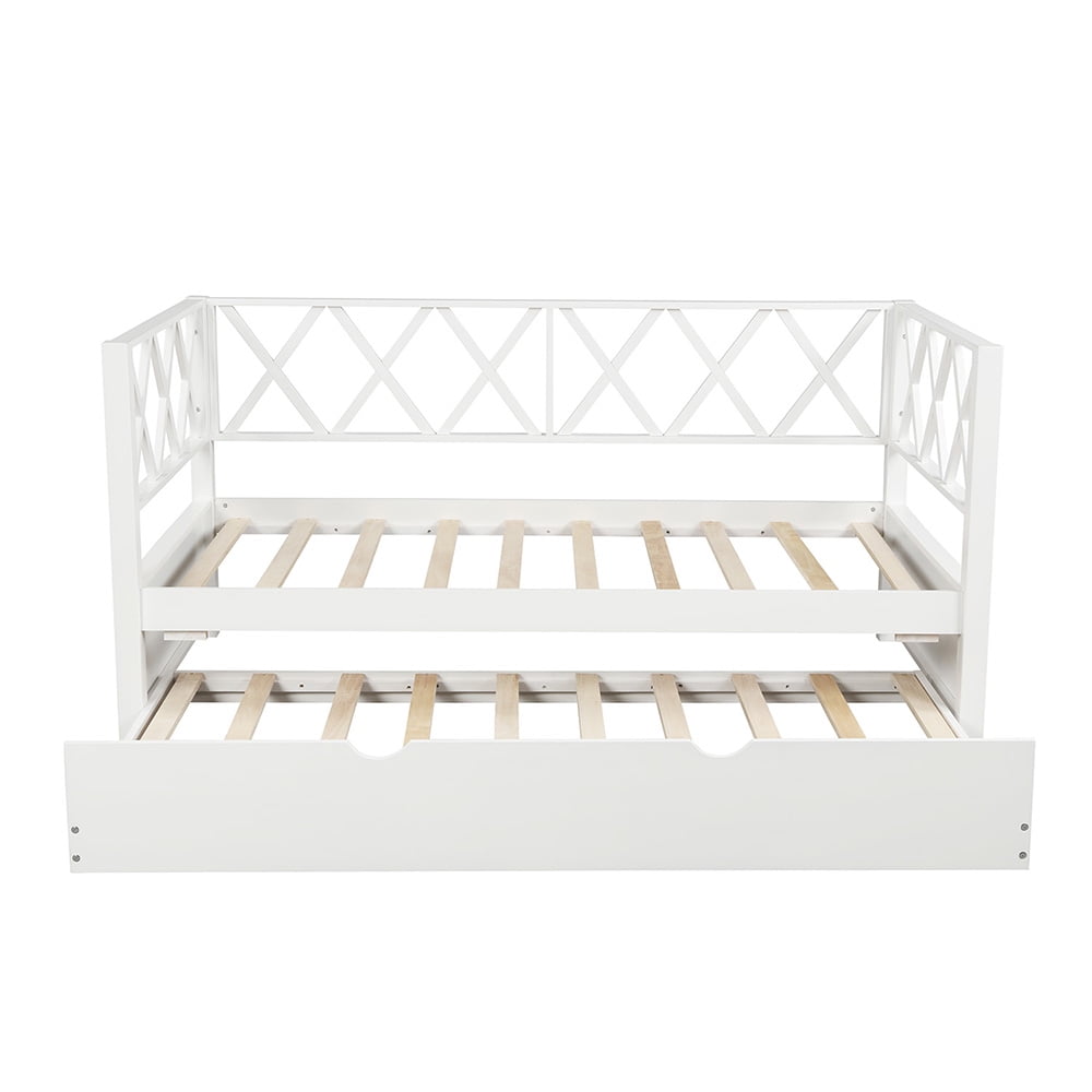 Wood Daybed with Trundle, Twin Size Day Bed Sofa Bed, White