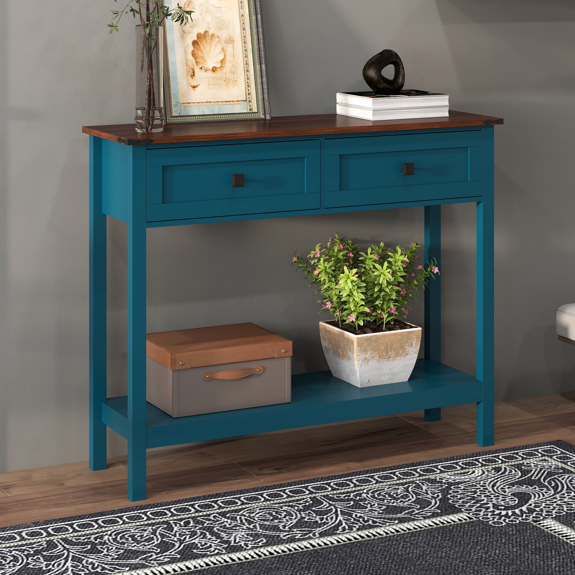TrumanPick Farmhouse Console Table with 2 Drawer and Bottom Storage Shelf for Entryway, Buffet Sideboard, Rustic Side Table with for Living room, Hallway, Pagoda Blue