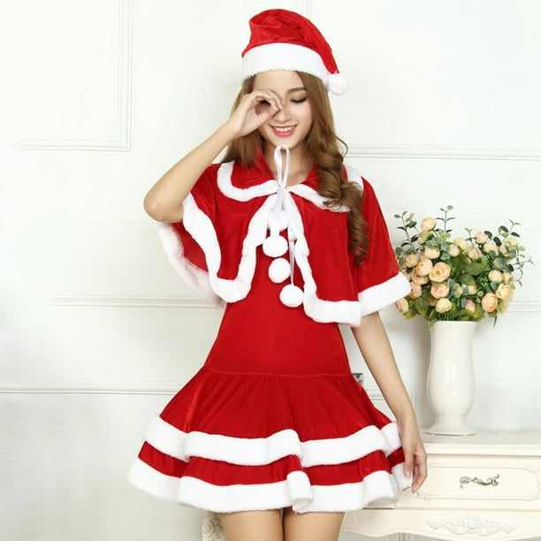 Traje de traje de papa noel para mujer ropa de papa noel vestido elegante gorro de papa noel con capa para traje de baile de navidad mangas hugo