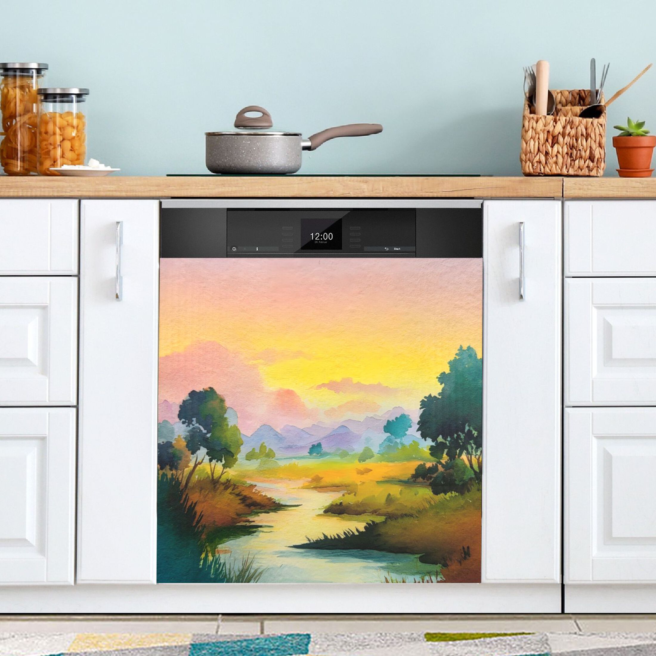 Dishwasher Magnetic Sticker 23x26 Inch Refrigerator Magnetic Sticker Washing Machine Magnetic Sticker Kitchen Panel Magnetic Sticker Home Decor Watercolor Yellow Sky
