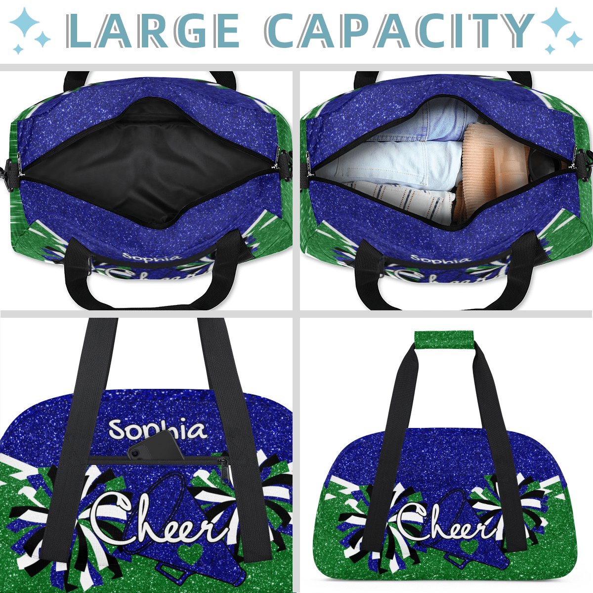 Jiaoprinted Personalized Sport Duffel Bag, Custom Cheer Dance Bag with Name, Customized Sport Gym Bag for Cheerleaders, Travel Duffle Bag for Women, Blue Green Glitter