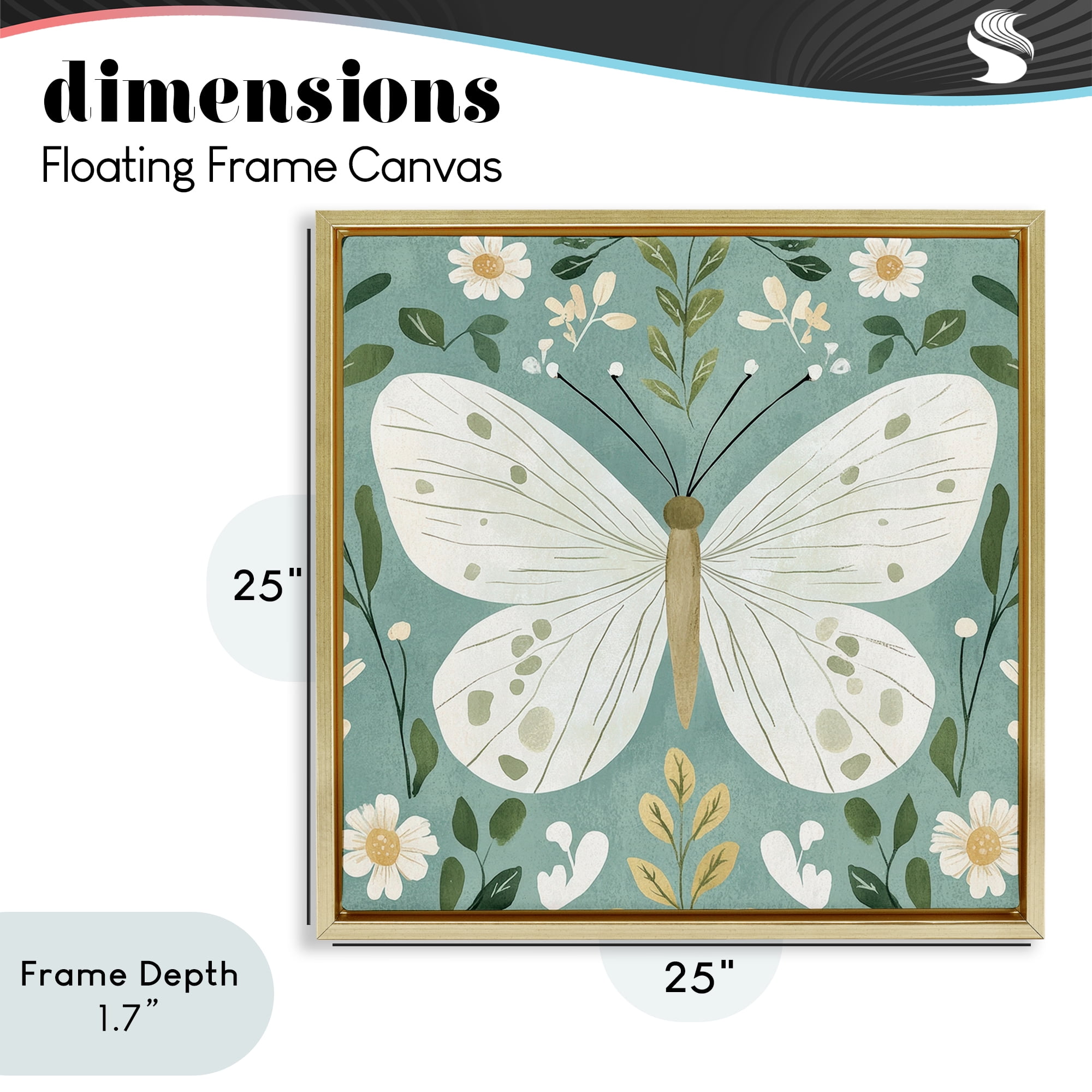 Stupell Industries Teal Butterfly Garden with Daisies Gold Framed Floater Canvas Wall Art, design by Petal Prints Design