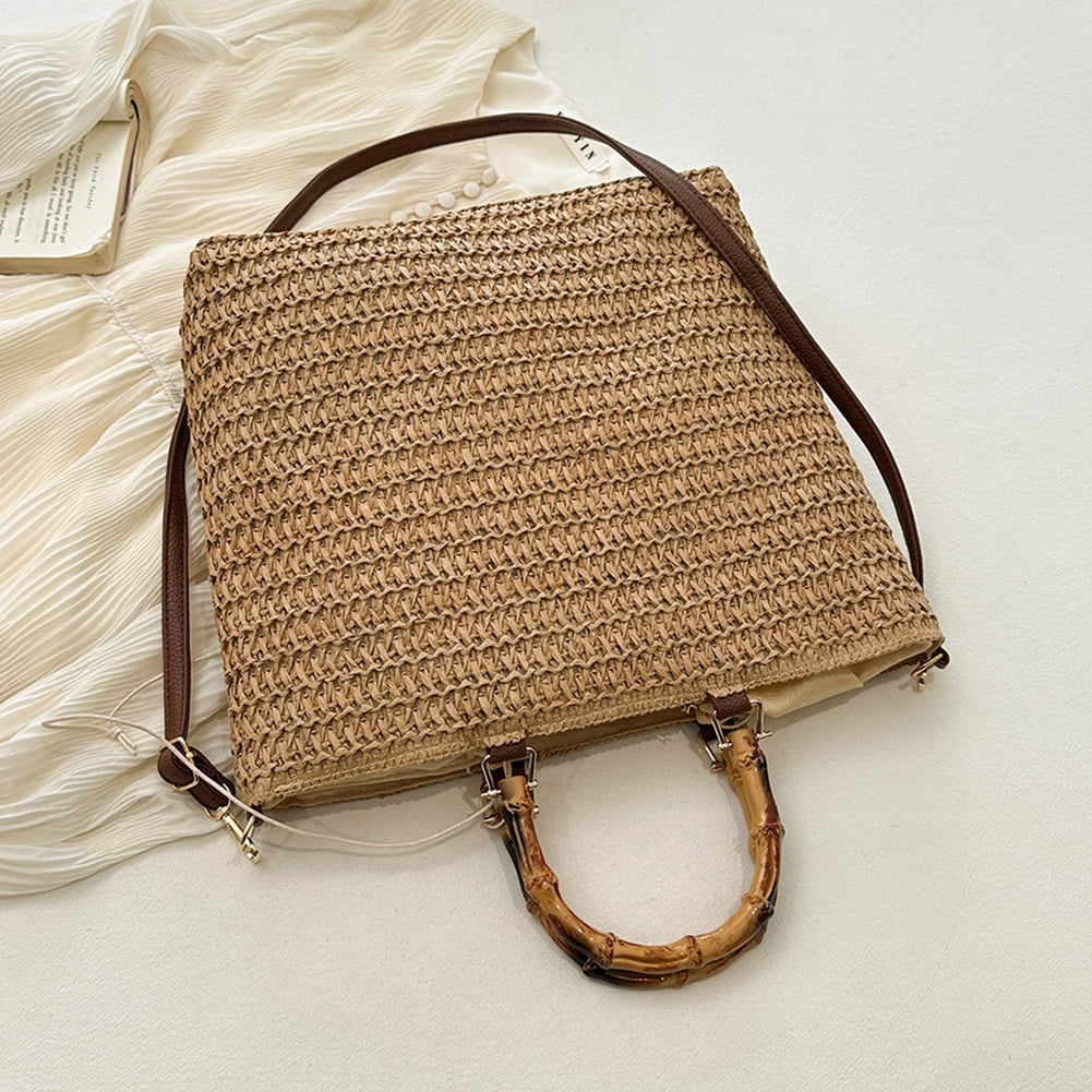 Women Straw Woven Handbag with Bamboo Handle Tote Clutch Bags for Seaside(Khaki) Shoulder Bags for Women