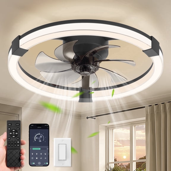 Zardon Ceiling Fan with Lights, 20in Low Profile Ceiling Fan with Remote Control, 6 Speeds, Reversible, Modern Pendant Ceiling Fan with Bedroom Lights, Black