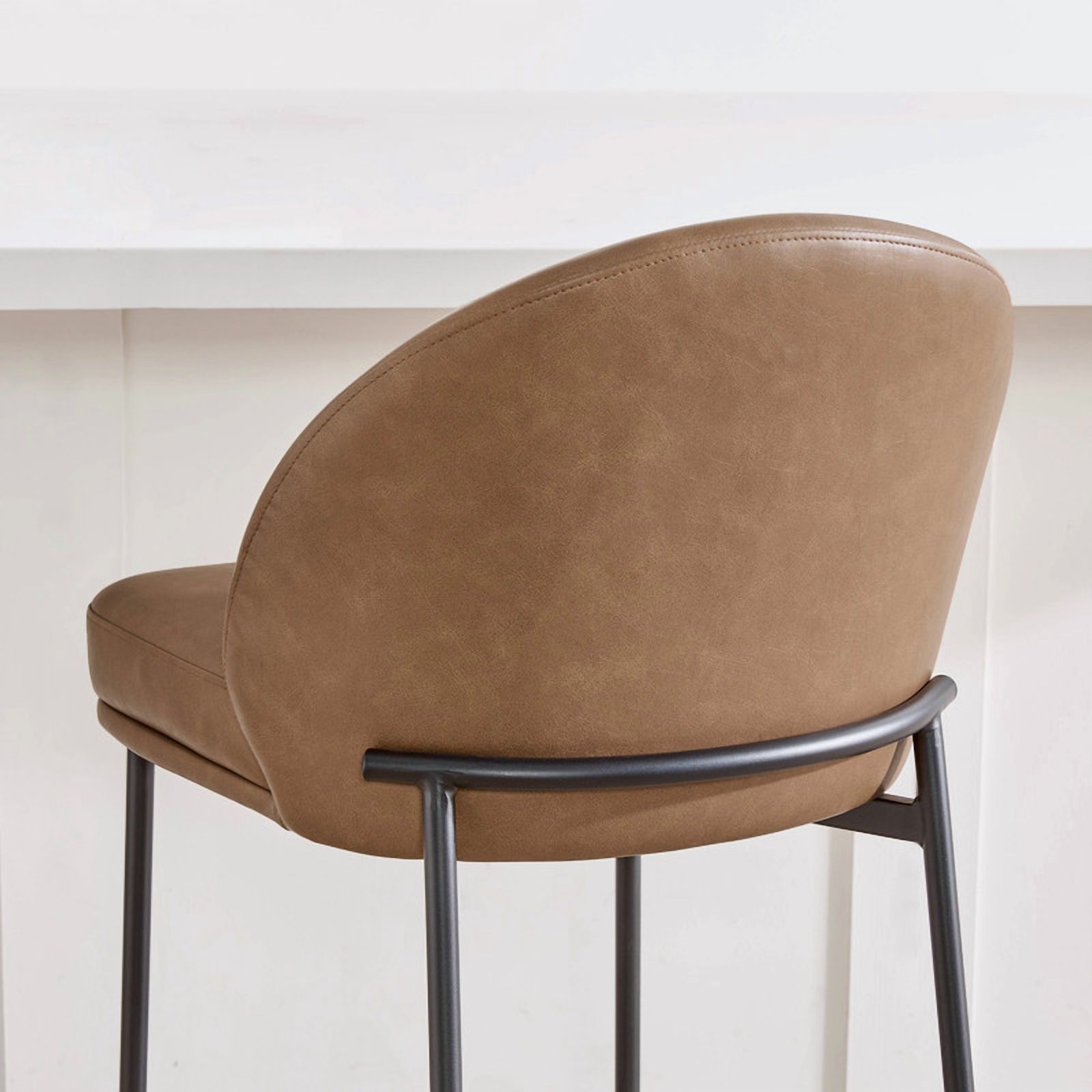 Spruce & Spring Modern Counter Bar Stool with Metal Arc Backrest and Upholstered Seat Set of 2, Saddle Brown with Black Legs