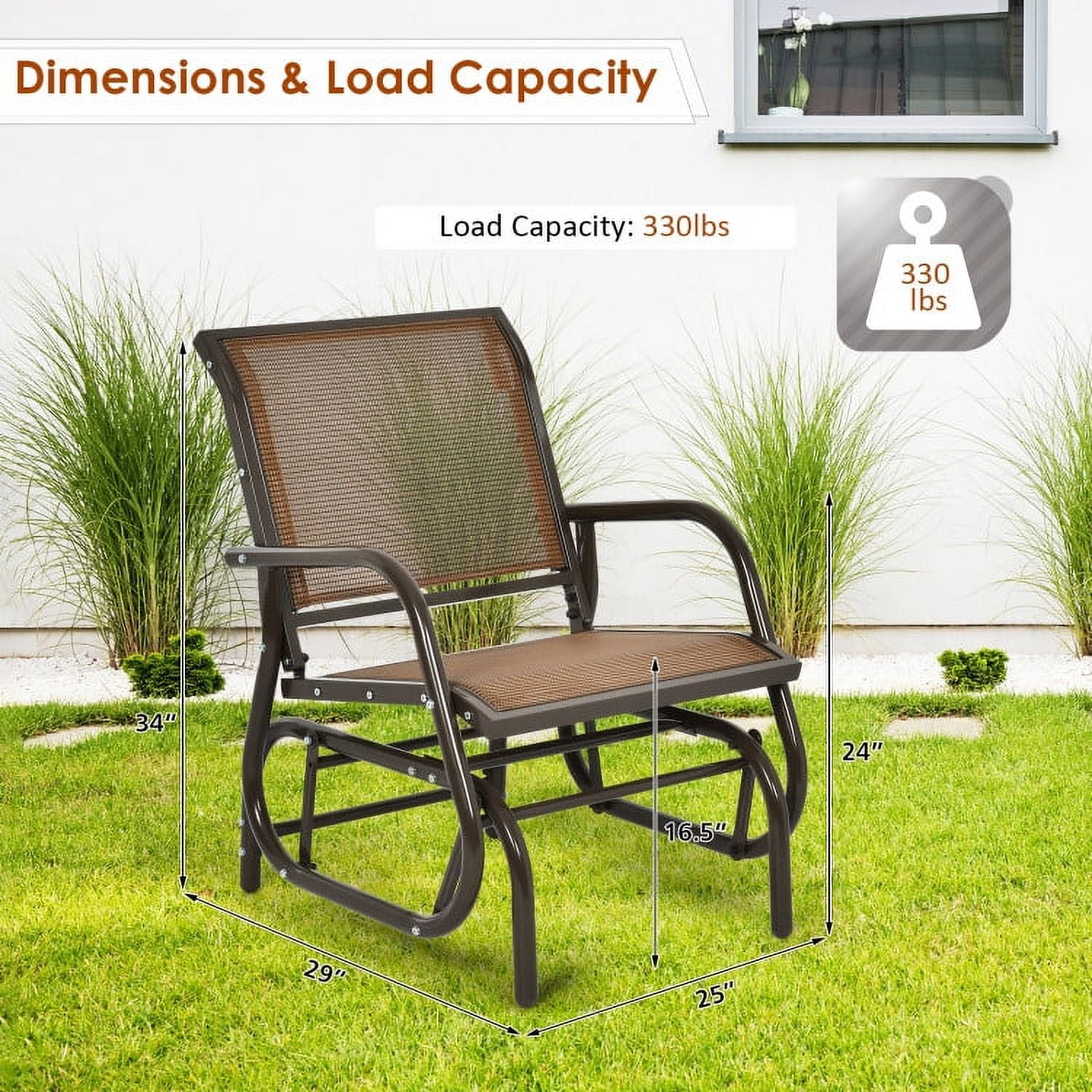 Spaco Outdoor Single Swing Glider Rocking Chair with Armrest-Brown, Outdoor Glider Rocking Chair Cushion Lawn for Porch,Backyard,Indoor and Garden, Brown