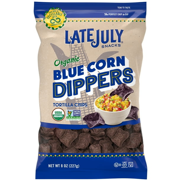 LATE JULY Snacks Dippers Organic Blue Corn Tortilla Chips, 8 oz. Bag