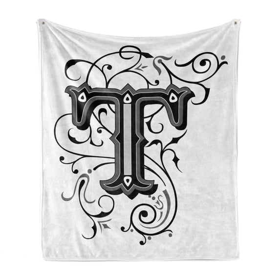 Letter T Soft Flannel Fleece Blanket, Symmetrical Uppercase Letter in Renaissance Art Style Ornamental Monochrome, Cozy Plush for Indoor and Outdoor Use, 50" x 60", Black Grey White, by Ambesonne