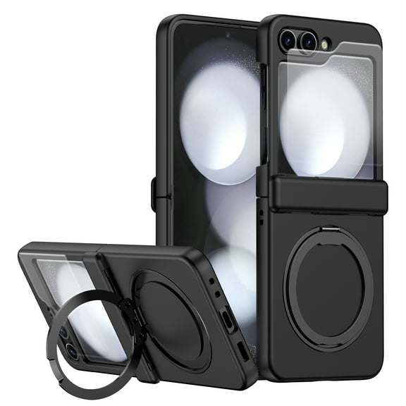 Compatible with Samsung Galaxy Z Flip 6 Phone Case,Support Wireless charging,With Rotatable Contractile Ring Kickstand,Built-in Screen Protector,Shockproof Rugged Phone Case,Black