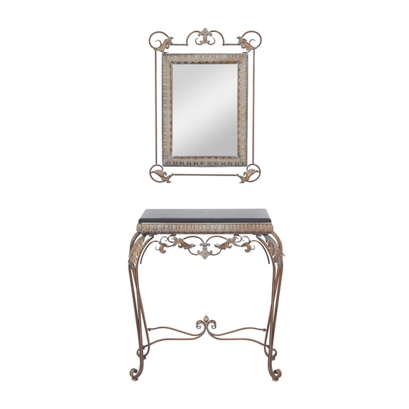 DecMode 23" x 32" Bronze Metal Leaf Console Table with Mirror with Scrolled Legs, 2-Pieces