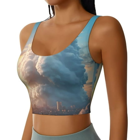 Picia Cute Cloud Cat Sports Bra for Women Padded Strappy Sports Bras Medium Support Yoga Bra with Removable Cups Running Yoga Bra-Large