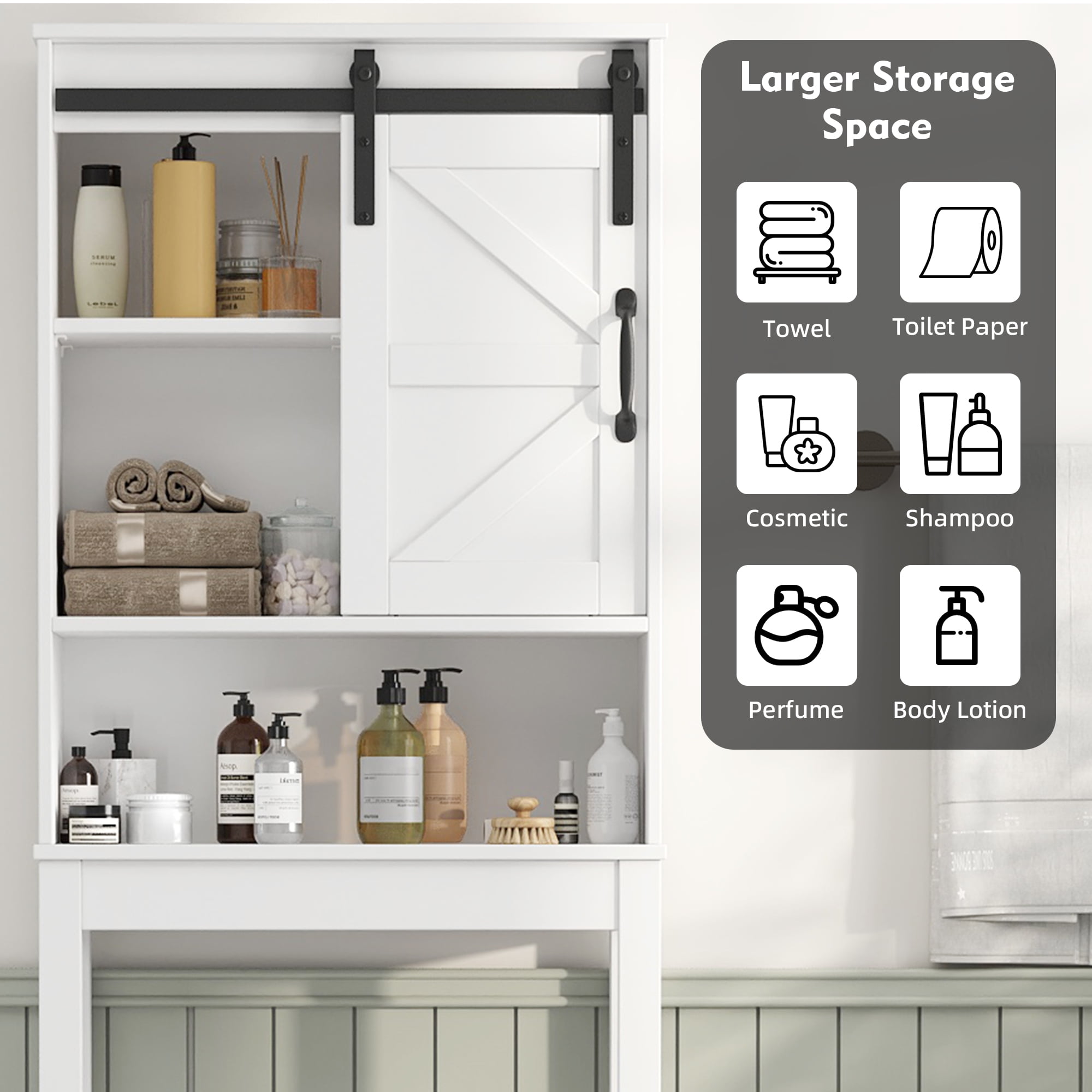 Over the Toilet Storage Cabinet, Rustic Storage Cabinet Over Toilet with Sliding Barn Door & Adjustable Shelves, Farmhouse Space Saver Organizer for Bathroom,Living Room, White