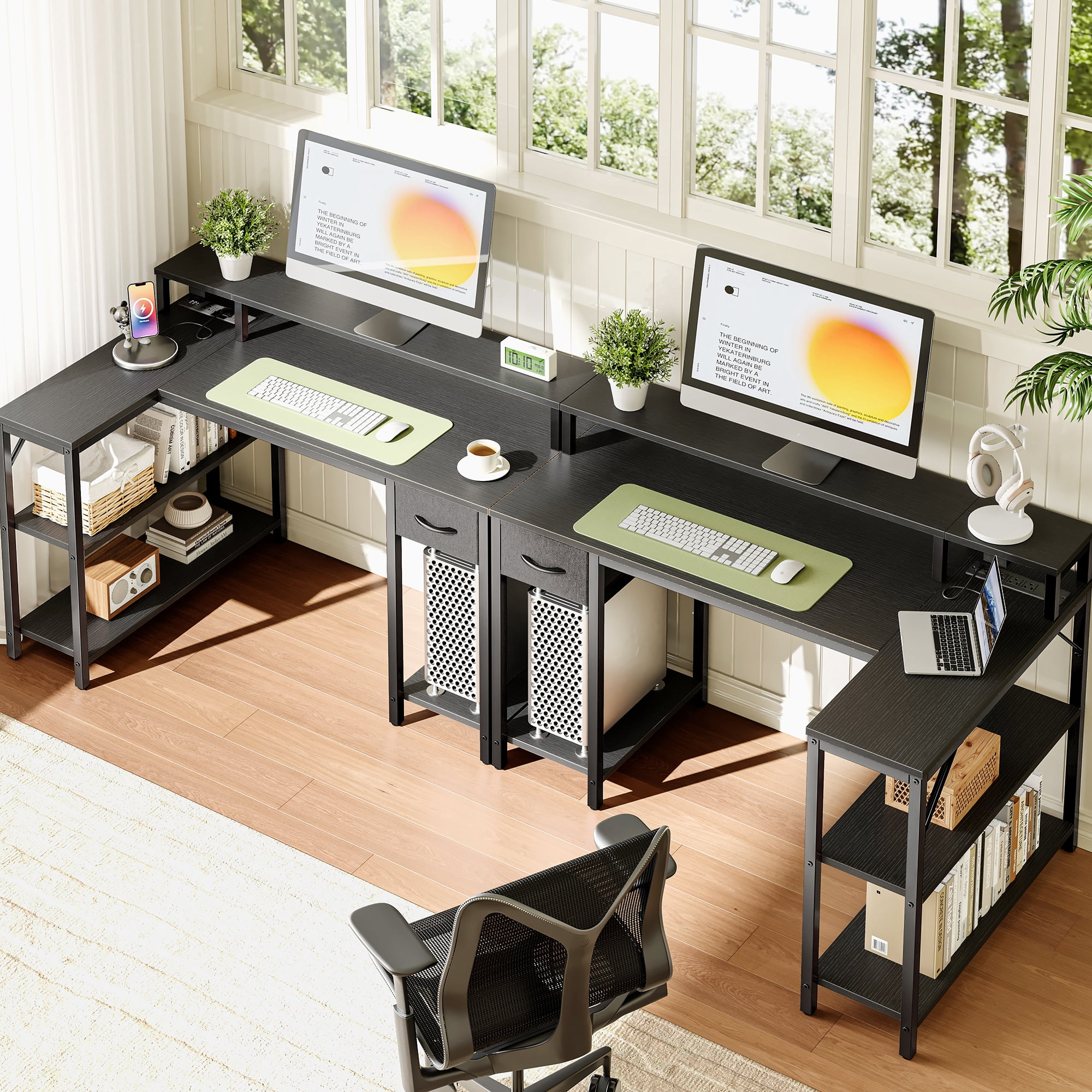 Amadwell 47 Inch L Shaped Desk with LED Strip, Corner Gaming Desk with Power Outlet, Drawer & Shelves