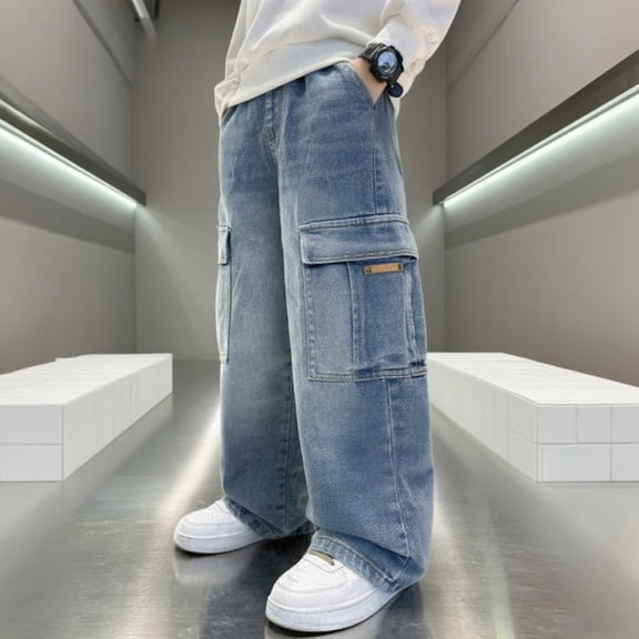 CPNG Kid Boys Vintage Denim Cargo Jeans Pants with Pockets Casual Baggy Wide Leg Cargo Pants Drawstring Elastic Waistband Loose Fit Lightweight Trousers