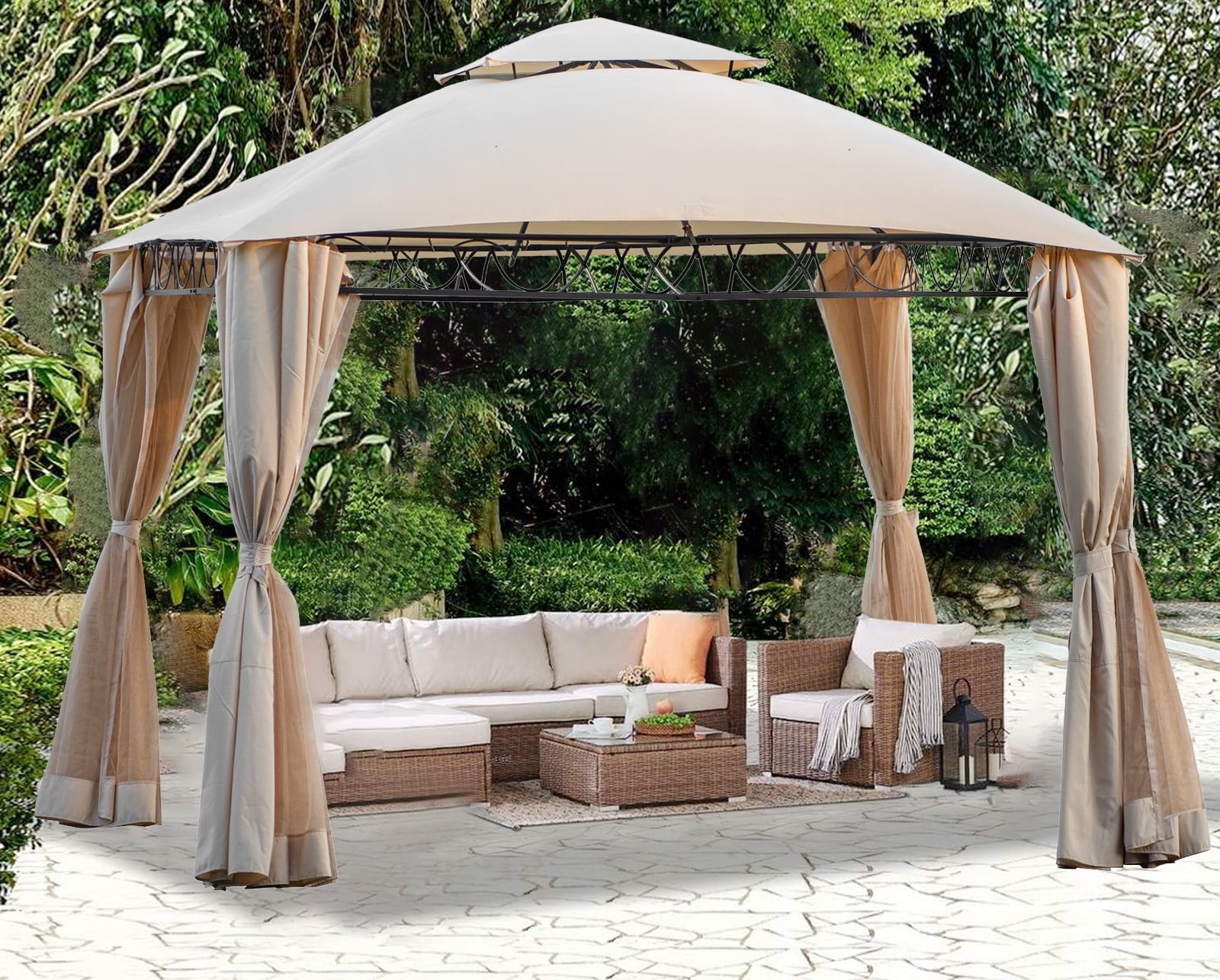 Seizeen 12 x 11ft Outdoor Gazebo W/Netting, Patio Easy-to-Install Gazebo  Canopy Tent With Corner Curtain, Suitable For Backyard, Party, BBQ, Beige