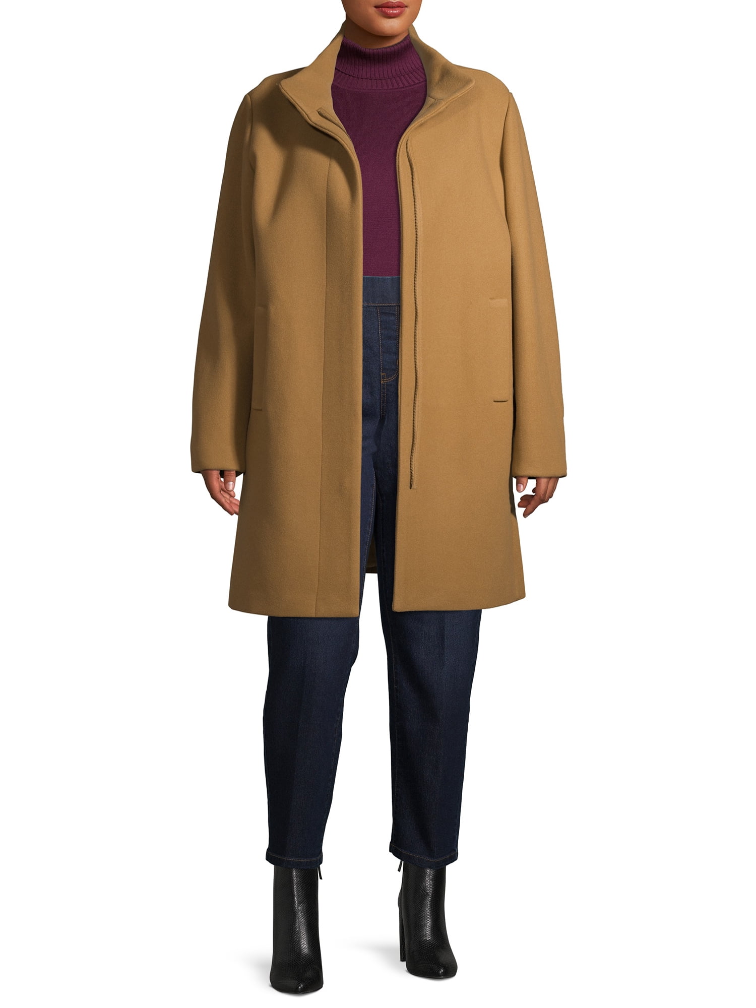 Time and Tru Women's Plus Size Faux Wool Funnel Neck Coat