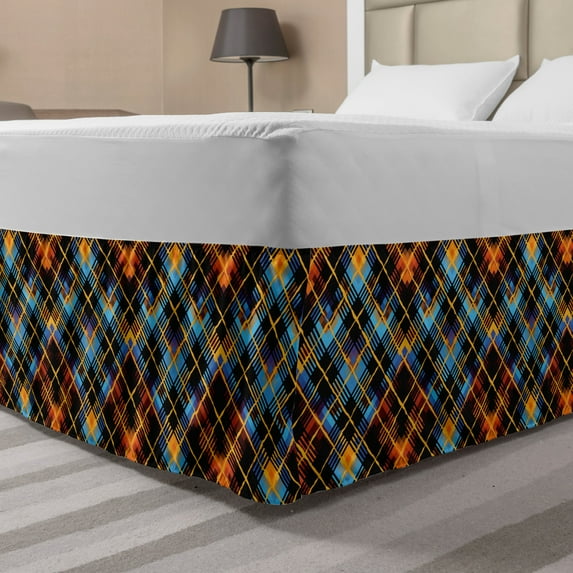 Plaid Bed Skirt, Contemporary Design of Geometrical Diagonal Tartan Pattern with Intersecting Lines, Elastic Bedskirt Dust Ruffle Wrap Around for Bedding Decor, 4 Sizes, Multicolor, by Ambesonne