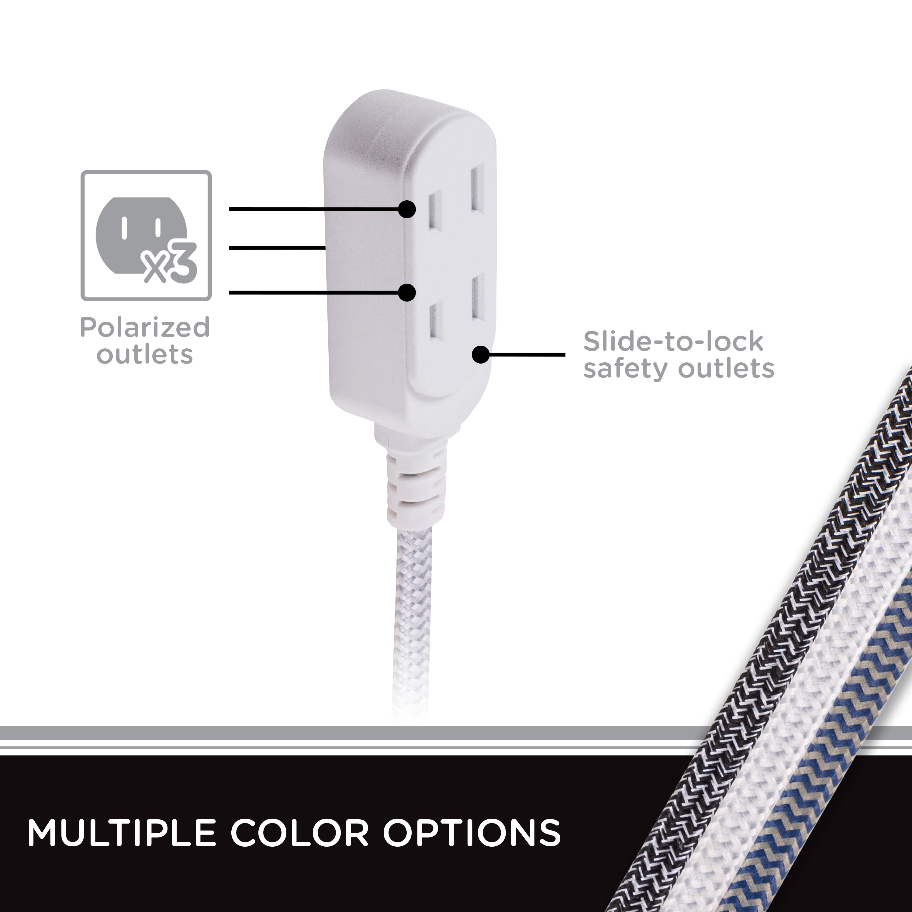 Cordinate 3 Outlet Extension Cord, 15 ft Cable, Gray/White, 43431