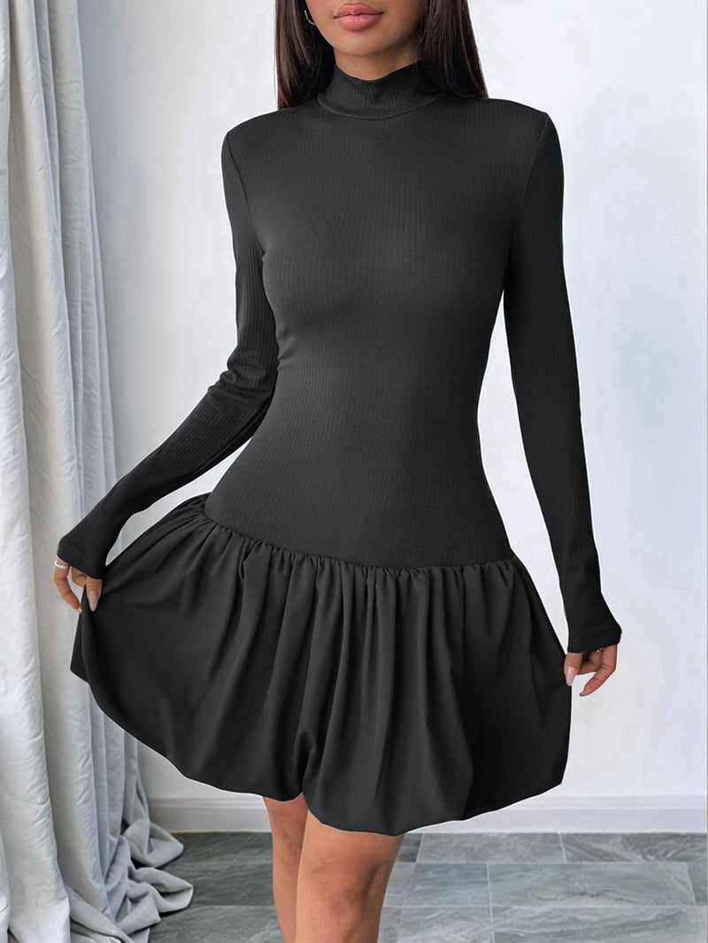 Women Long Sleeve Bubble Mini Dress Bodycon Mock Neck Casual Cocktail Club Party Dresses Black XL