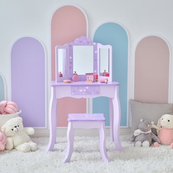 Teamson Kids Heart Gisele Wooden Vanity Play Set with Tri-Fold Mirror, Storage Drawer & Stool, Purple