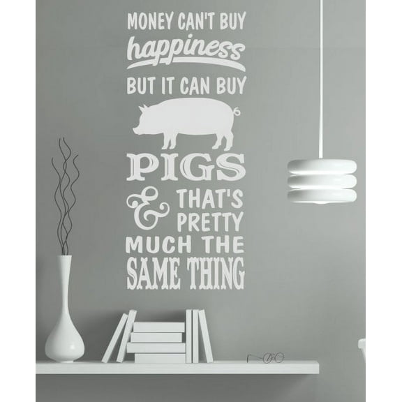 Wall Sticker Money Can't Buy Happiness Pigs Can Farmhouse Quote Decal 36x15-Inch Light Gray