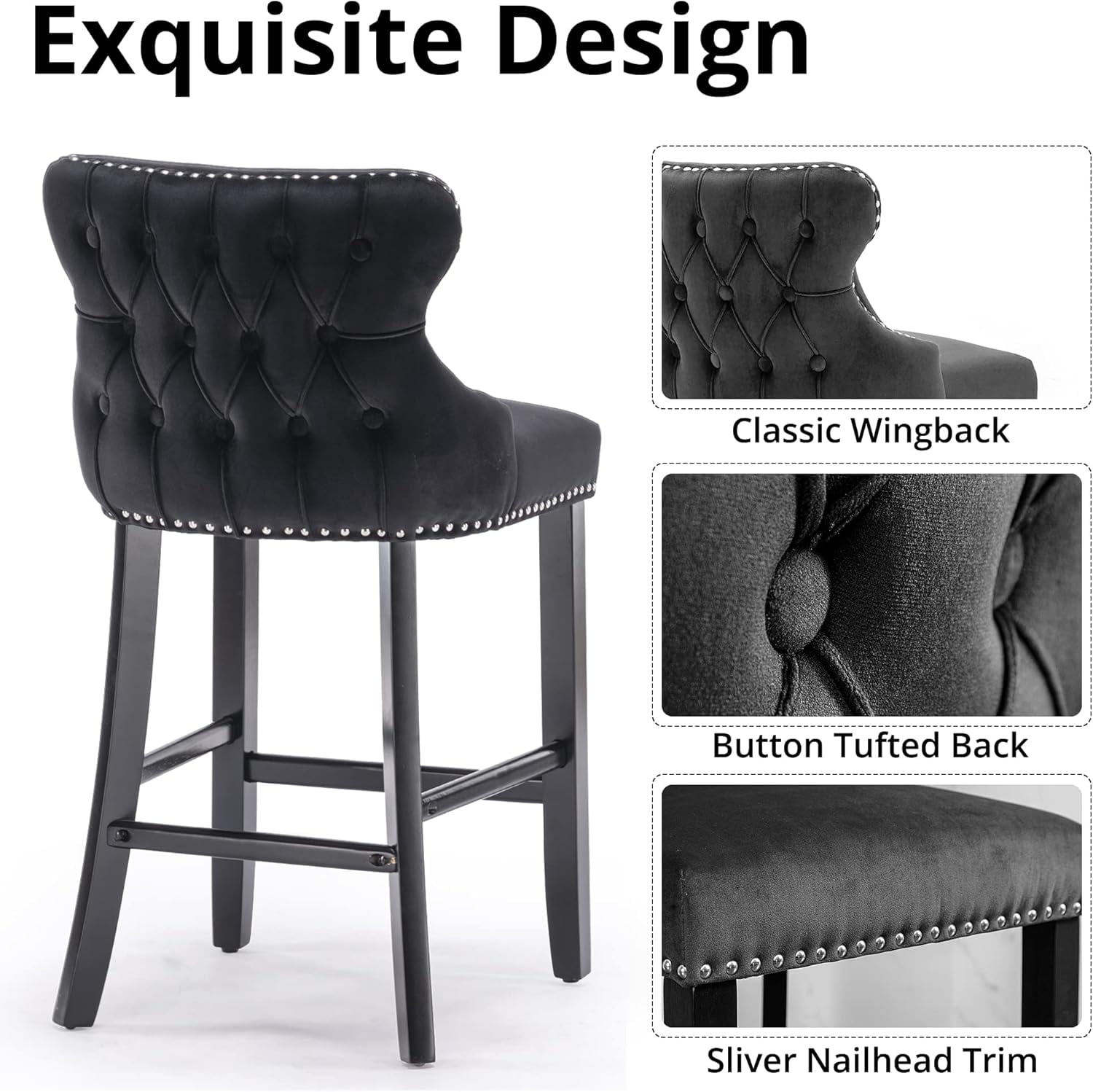 Velvet Wing-Back Bar Stools Set of 2, Button Tufted with Nailhead Trim & Solid Wood Legs, Counter Height Bar Chairs for Kitchen Island Dining Room Pub，Black