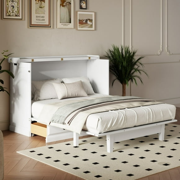 MODERNLUXE Full Size Murphy Bed,Solid Pine Wall Bed with Charging Station and Large Storage Drawer, Foldable Cabinet Bed Frame for Home Office or Small Room,White