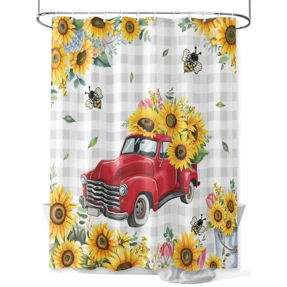 Shower Curtain Sunflower Red Truck Bathroom Curtains with Hooks, Waterproof Fabric Farmhouse Bee Grey Plaid Bath Shower Curtains Set for Bathroom Bathtubs Decor 36x72 Inch