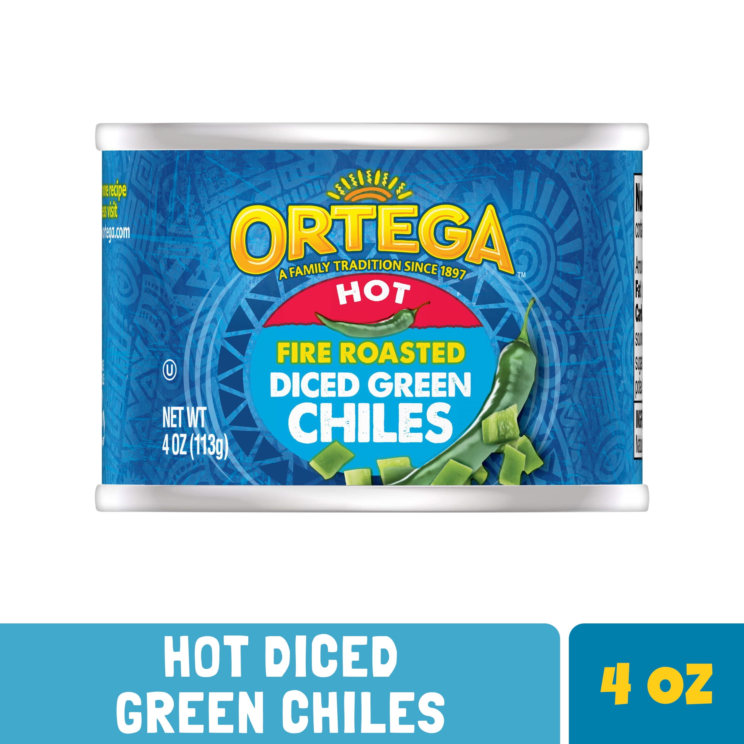 Ortega Hot Fire Roasted Diced Green Chiles, Kosher, 4 OZ Can