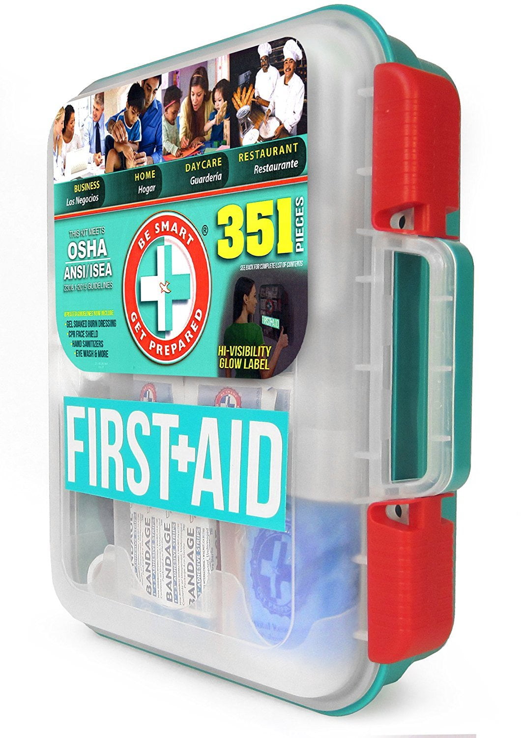 Be Smart Get Prepared 351 Piece First Aid Kit, Exceeds OSHA ANSI 2015 Standards for 100 People - Workplace, Home, Car, School, Emergency, Survival, Camping, Hunting, and Sports